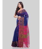 DESH BIDESH Women`s Tant Cotton Silk Handloom Cotton Saree Pushpomala With Blouse Piece(Blue Pink)